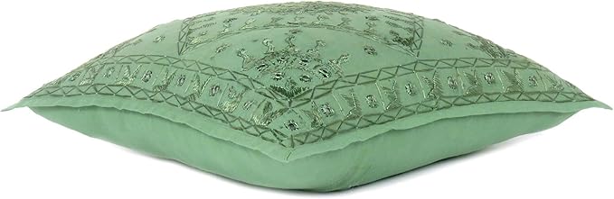 Eyes of India Embroidered Decorative Boho Throw Pillow Cover with Mirrors, Handmade Bohemian Accent Cushion Case for Sofa Couch Bedroom Living Room (Green, 16" x 16")