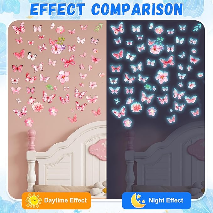 Glow in The Dark Butterfly Flower Wall Decals Glowing Luminous Butterflies Removable Self-Adhesive Wall Stickers for Girls Bedroom Nursery Living Room Decor 4 Sheets (Butterfly 2)