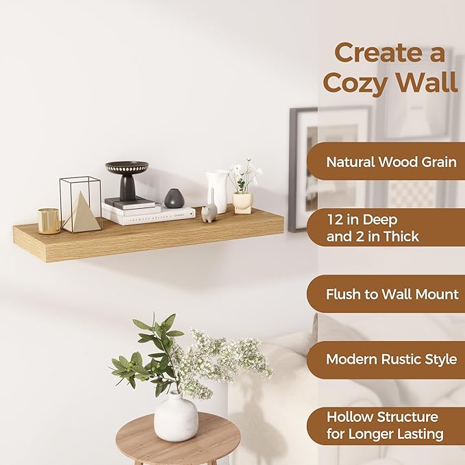 30 Inch Floating Shelves, 12 Inch Deep Floating Shelves for Wall, Rustic Wood 30 x 12 Shelves for Wall Storage & Display, 2 Inch Thicked Floating Shelf for Bathroom, Living Room, Oak Color, 2 Pack