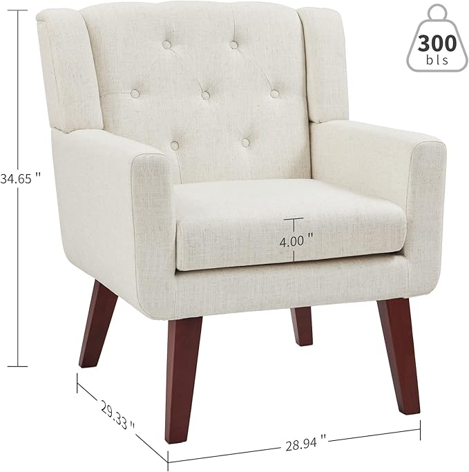 Accent Chair Button-Tufted Upholstered Living Room Chairs Comfy Reading Chair Mid Century Modern Chair with Linen Fabric Lounge Arm Chairs for Living Room Bedroom (Beige Set of 2)