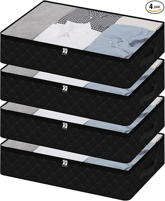 Fixwal 4 Pack Black Underbed Storage Bags with Clear Window and 2 Reinforced Handles Under Bed Storage Containers for Clothing, Bedding, Comforter