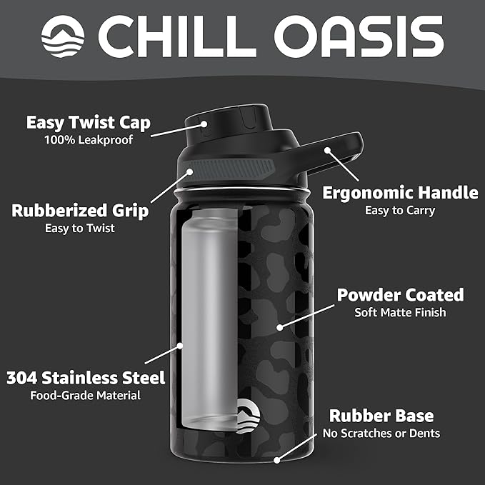 Chill Oasis Water Bottle | Compatible With Popular Flavor Cartridges | BPA Free, Leak Proof, Double-Walled Vacuum Insulated Stainless Steel, and Dishwasher Safe | Cold for 24 Hours (Leopard, 12oz)