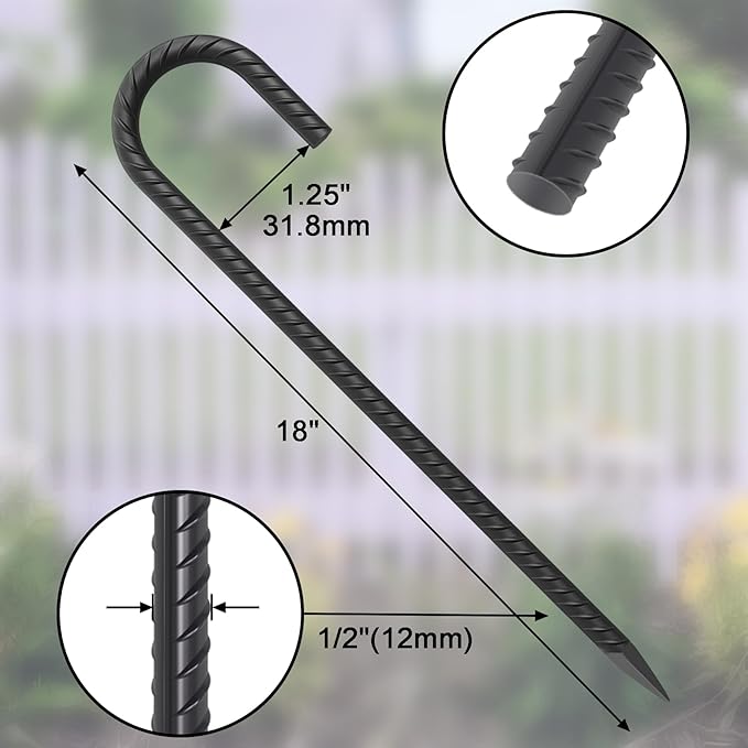 18 Inch Steel J Hook Rebar Ground Stakes 16 Pack 1/2 Inch Diameter Fence Stakes for Wire Fencing with Chisel Point End Metal Tent Stakes Heavy Duty for Outdoor Camping, Black