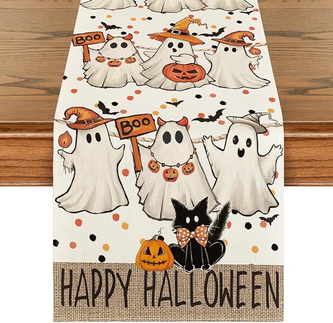 Artoid Mode Beige Ghost Jack-O'-Lantern Black Cat Halloween Table Runner,Holiday Kitchen Dining Table Decoration for Home Party Decor 13 x 60 Inch