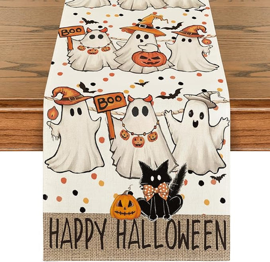 Artoid Mode Beige Ghost Jack-O'-Lantern Black Cat Halloween Table Runner,Holiday Kitchen Dining Table Decoration for Home Party Decor 13 x 60 Inch
