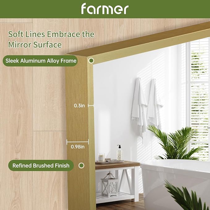 FARMER 22x30 Inch Gold Bathroom Mirror, Rectangle Wall Mounted Mirror, Vanity Mirror, Brushed Square Mirror, Framed Bathroom Mirror for Bedrooms, Entryways, Living Rooms, Horizontal/Vertical