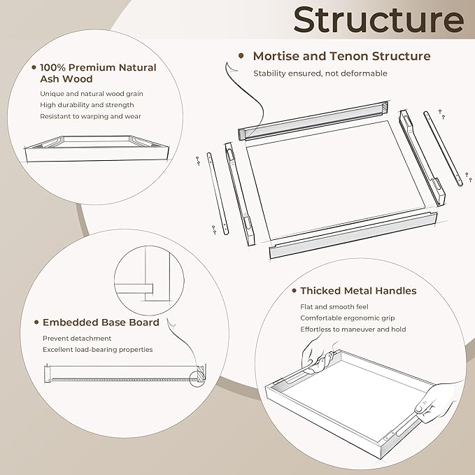Axeman Wooden Serving Tray with Metal Handles|Ottoman Tray for Breakfast, Bed, Couch|17x13in Ash Wood Coffee Table Trays|Food Drinks Decorative Storage Boards for Ottoman Kitchen, Walnut