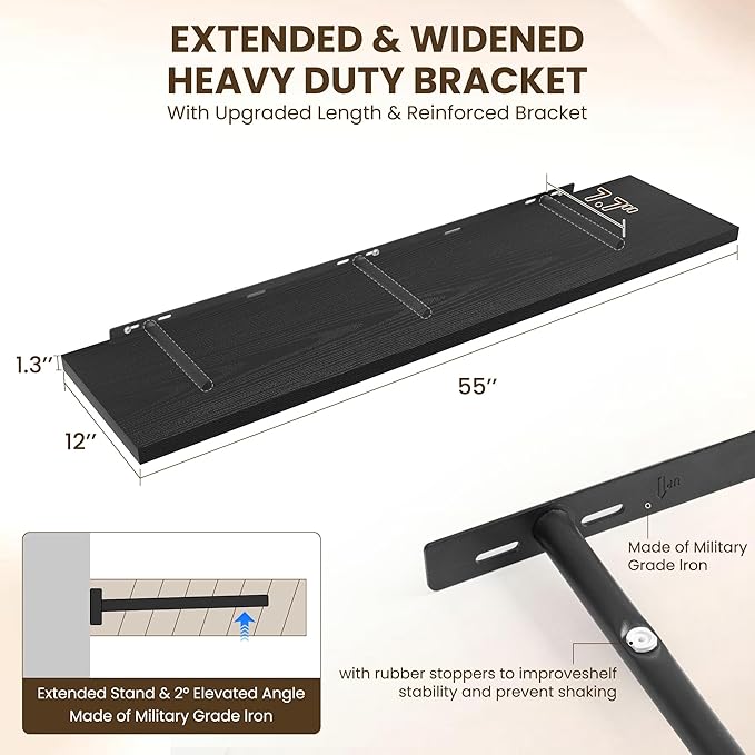 55" Floating Shelves for Wall, 12" Deep Slim Black Floating Shelves, Wall-Mounted Shelves for Bedroom, Living Room, Kitchen, Bathroom - Set of 2