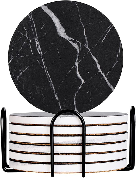 Drink Coasters with Holder Absorbent Ceramic Coasters Set of 6 Black Marble Style, 4 Inches Suitable for Kinds of Cups and Outdoor Picnic