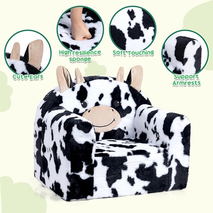 ALIMORDEN Animal Series Kid's Chair, Ultra-Soft Comfy Foam Filled Toddler Sofa Chair, Cute Animal-Shaped Design Toddler Couch, Lightweight Birthday for Baby Boys & Girls (Cow)