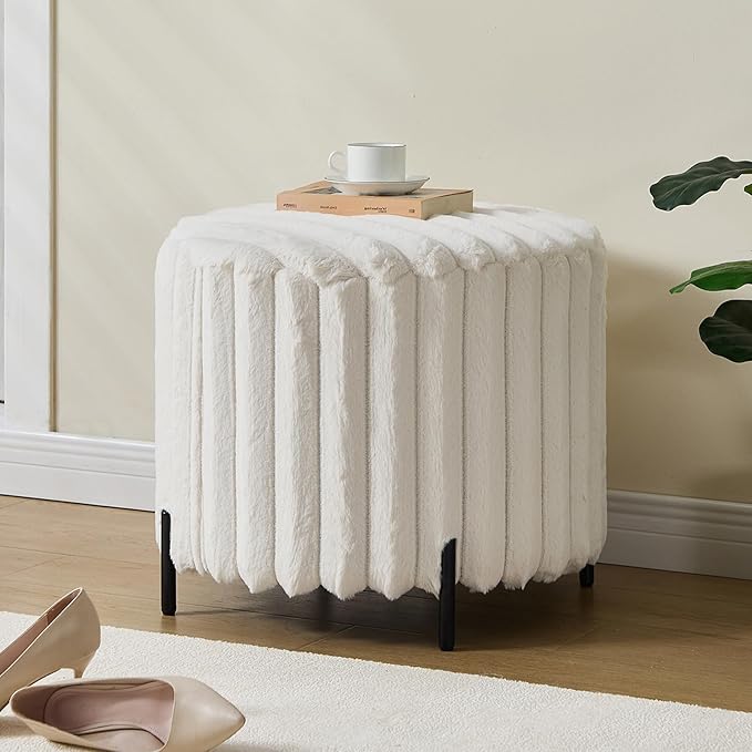 Furniliving Modern Round Ottoman, Large Size Bedroom Ottoman Footstool Round Ottomans Stool for Living Room, Bedroom, Makeup Room, Beige, Faux Fur