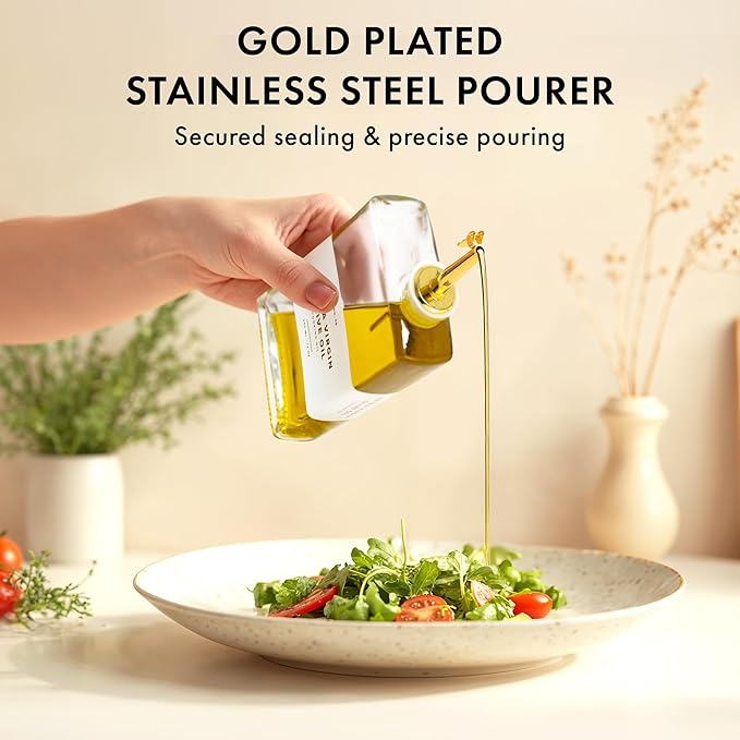 Glass Olive Oil Dispenser Bottle Set [2x12oz]: 36 Premium Gold Labels, Oil Dispenser for kitchen, Vinegar Bottle Set, Glass Dispensers for Soy Sauce, Syrup Bottles | Set of 2