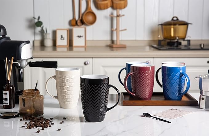 AmorArc Large Coffee Mugs Set of 6, 20oz Ceramic Tall Coffee Mugs Set with Textured Geometric Patterns for Coffee/Tea/Beer/Hot Cocoa, Dishwasher & Microwave Safe, Beige&Burgundy