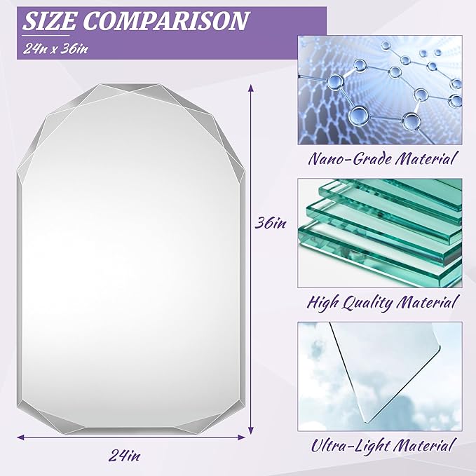 Bathroom Mirror for Wall, 24" x 36" Arched Mirror, Bathroom Vanity Mirror, Beveled Edge Frameless Wall Mount Vanity Mirrors, Wall Mirrors Decorative, Irregular Beveled Edge Mirror