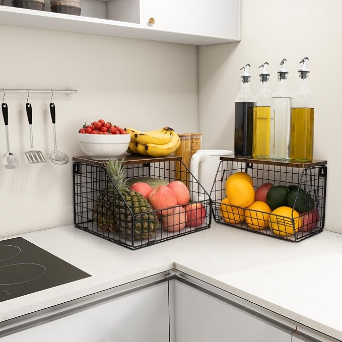 Fruit Basket, Stackable Wall Mounted Fruit Baskets, Potato Baskets Onion Storage for Kitchen, Hanging Wire Basket with Wood Lid, 2-Tier Vegetable Organizer Kitchen Countertop Organization