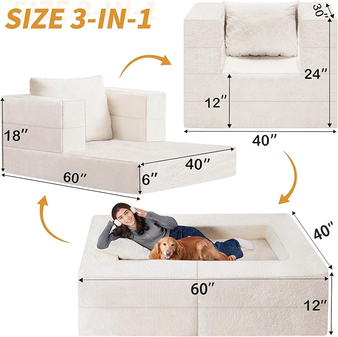 Folding Bean Bag Chair for Adults,3-in-1 Bean Bag Couch Faux Fur Floor Sofa Large Beanbag Convertible Bean Bag Sofa Bed with Pillow in Bedroom,Living Room,Apartment(Twin,Milky White)