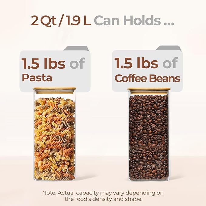 ComSaf 2 Qt Rectangle Glass Storage Containers with Lids, Glass Jars with Bamboo Lids, Clear Food Jar, Square Canister Set of 3, Pantry Organizers and Storage for Flour Pasta Coffee Bean