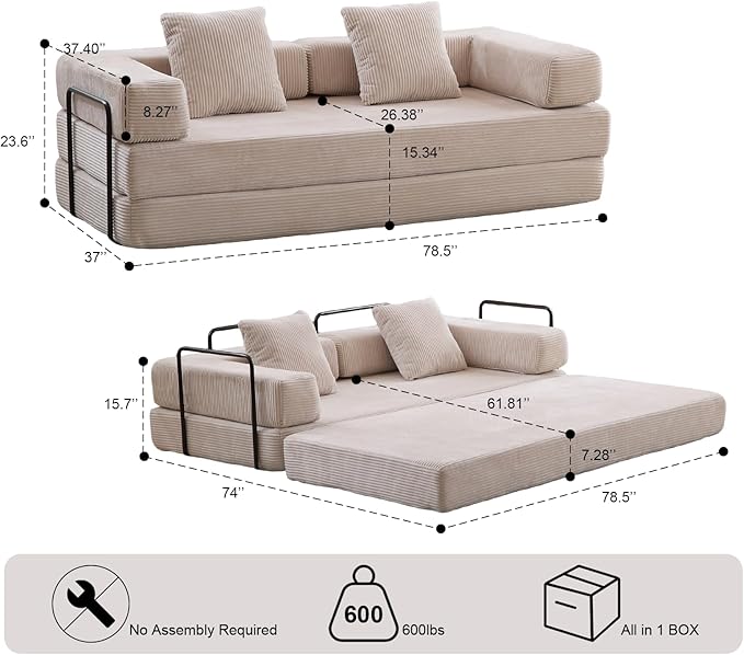 Convertible Sleeper Sofa Bed, Compression Folding Sofa with Pillow, No Assembly Required, Shape Frame, Floor Sofas Lounge Couch for Living Room, Bedroom, Small Spaces(Corduroy, 77''W, Off-white)