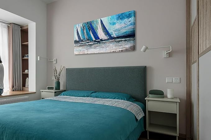 Arjun Blue Abstract Wall Art Canvas Teal Ocean Sailboat Picture Modern Turquoise Coastal Nautical Painting Large 48"x24" Framed Textured Artwork for Living Room Bedroom Bathroom Home Office Wall Decor