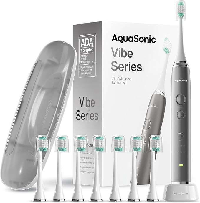 Aquasonic Vibe Series Ultra-Whitening Toothbrush – ADA Accepted Electric Toothbrush - 8 Brush Heads & Travel Case – 40,000 VPM Motor & Wireless Charging - 4 Modes w Smart Timer – Charcoal Metallic