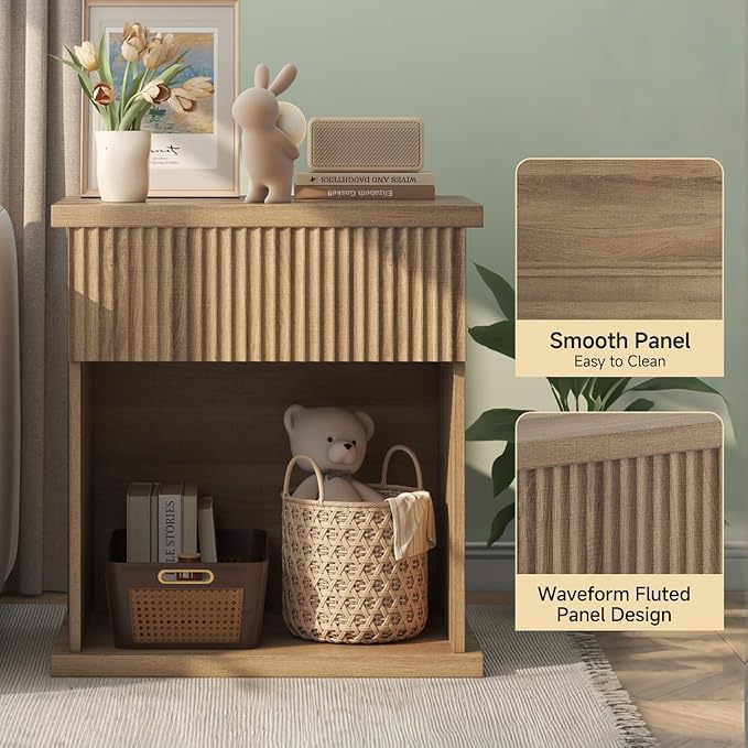 Fluted Nightstand, 22.8" Wide Nightstands with Drawer Storage Large Wood BedsideTable Night Stand for Bedroom Living Room Office, Natural Oak
