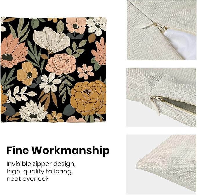 CXMEIFLY Spring Floral Pillow Covers 20 x 20 Inch Set of 2 for Vintage Pink Mustard Yellow Cream Flowers Decor Throw Pillows Plant Black Outdoor Decorative Cushion Cases for Couch Bed Decorations