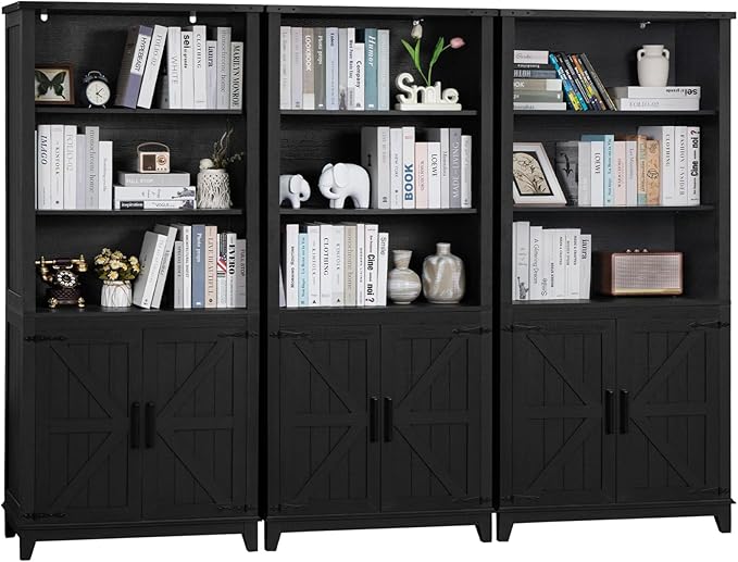 70in Tall Bookshelf 5 Tier Bookcase with Barn Doors and Adjustable Shelves, Black Farmhouse Book Shelf with Storage Cabinet, Wood Freestanding Display Bookshelves for Bedroom, Kitchen (3PCS)