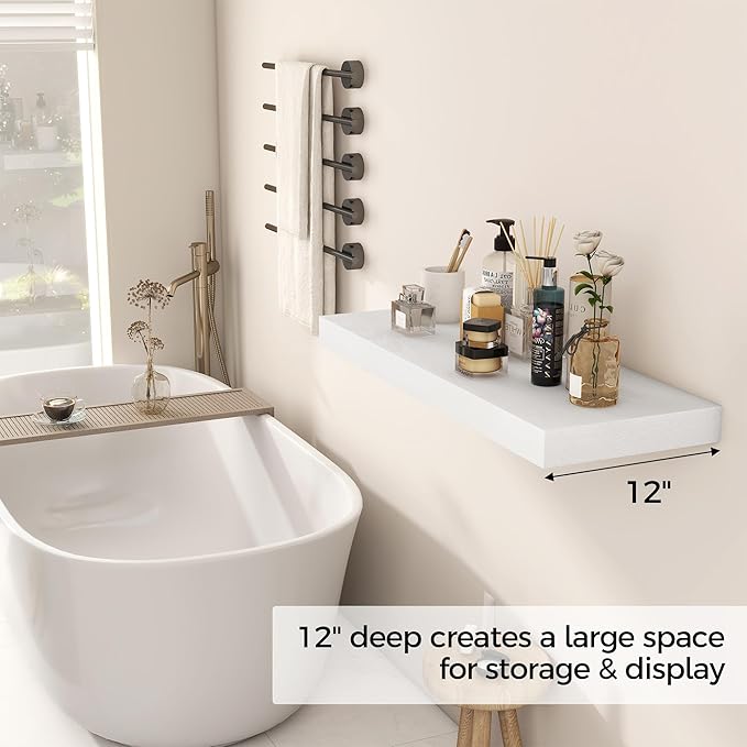 Fun Memories White Floating Shelves 30x 12 Inch, Deep Floating Shelf Wall Mounted, 12" Deep Wall Shelves for Books, Bathroom, Bedroom, Kitchen, Thicked Shelves for Home Storage & Display, Set of 2