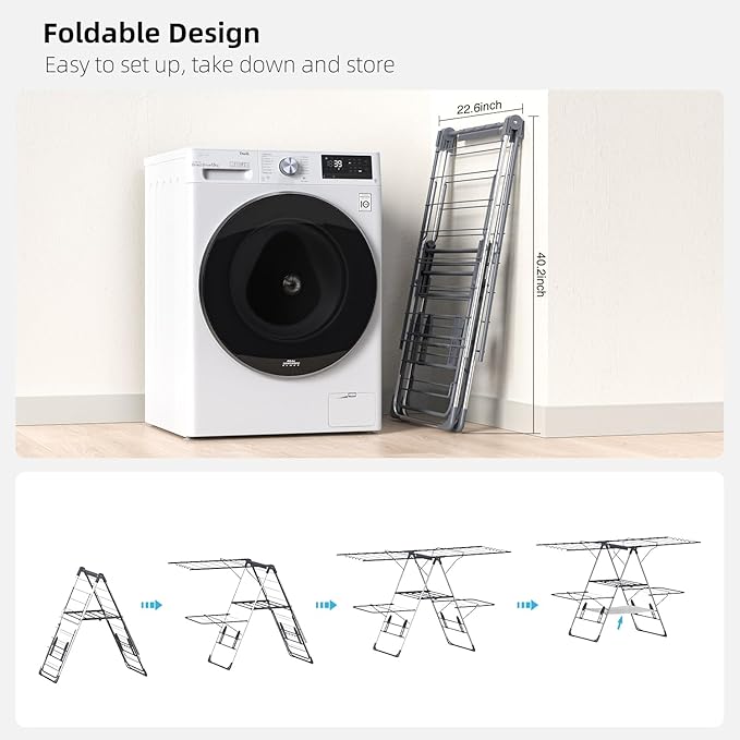 Clothes Drying Rack, Foldable 2-Level Laundry Racks for Drying Clothes Rack,Stainless Steel Drying Rack Clothing Collapsible for Indoor Outdoor,with Height-Adjustable Wings,33 Drying Rails,Gray