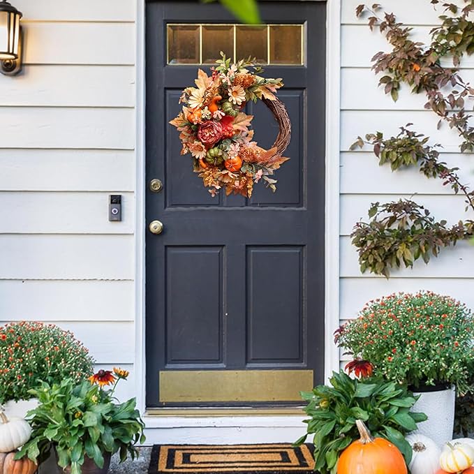 20Inch Fall Wreaths for Front Door,Fall Decorations for Home,Autumn Wreaths with Pumpkin Peony Sunflowers Berry Wreaths,Fall Door Wreath for Thanksgiving Halloween Farmhouse Home Outdoor Indoor Decor