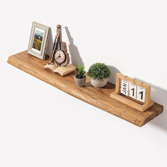 Axeman 40 inch Floating Shelves for Wall - 8'' D Live Edge Rustic Solid Elm Wood Floating Shelves Wall Mounted, Wall Shelves with Invisible Bracket for Living Room Bedroom Kitchen, 1 Pc Natural