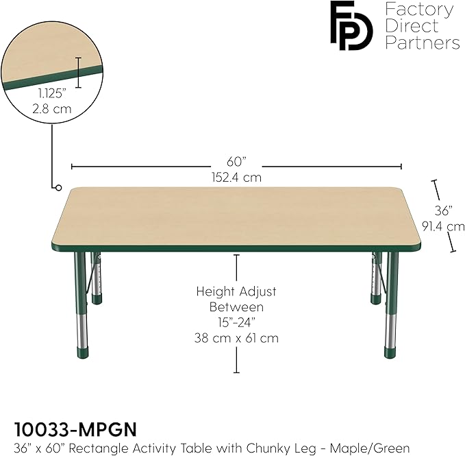 Factory Direct Partners FDP Rectangle Activity School and Classroom Kids Table (36 x 60 inch), Toddler Leg, Adjustable Height 15-24 inches - Maple Top and Green Edge