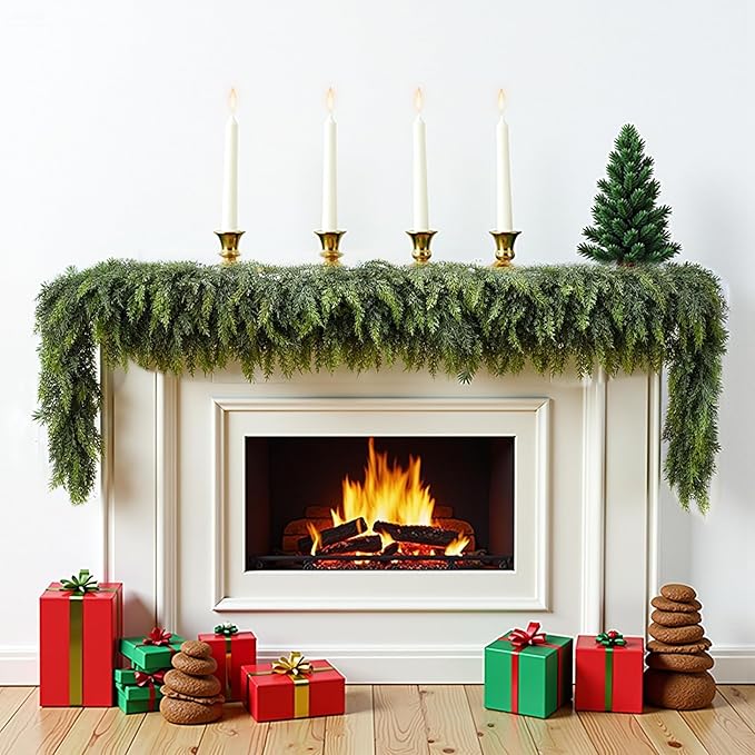 9 ft Christmas Garland, Cedar Garland, Real Touch Cypress Garlands, Green Artificial Greenery Garland for Mantel Indoor Outdoor Christmas Decorations