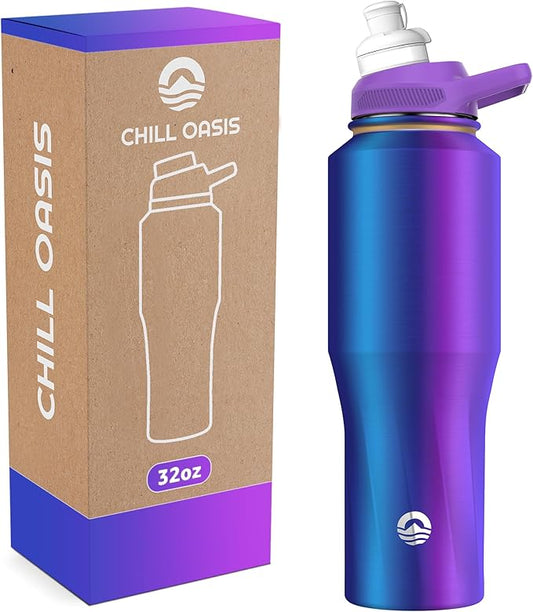 Chill Oasis Water Bottle | Compatible With Popular Flavor Cartridges | BPA Free, Leak Proof, Double-Walled Vacuum Insulated Stainless Steel, and Dishwasher Safe | Cold for 24 Hours (Aura, 32oz)