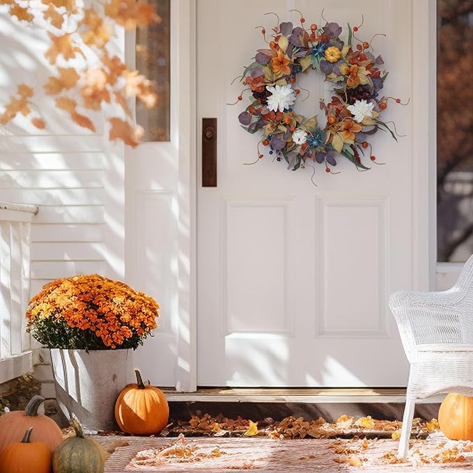 Fall Wreaths for Front Door Outside 24 Inch Autumn Wreath with Pumpkins, Silk Leaves & Purple Flowers Autumn Wreaths for Front Door, Halloween Wreath Decoration, Thanksgiving Decor
