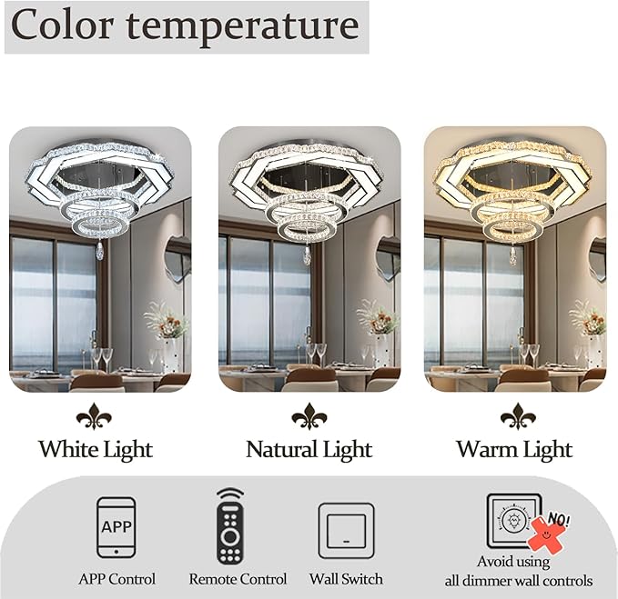 Flashing God Large Crystal Chandelier Dia 48" Silver Chandelier Flush Mount Ceiling Light for Bedroom Living Room Dining Room Hallway Dimmable 3 Rings LED Celing Lighting Fixtures