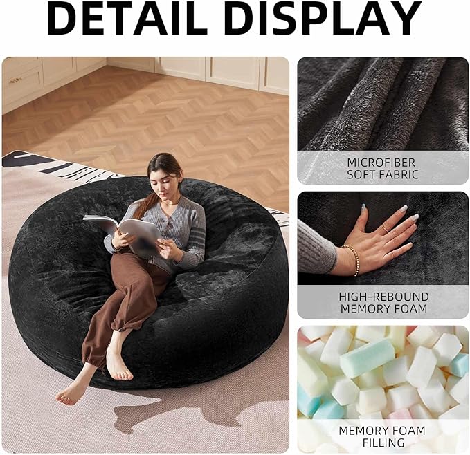 Bean Bag Chair 6Ft, Memory Foam Filled, Large Beanbag Chairs for Adults and Teens, Soft Sofa with Removable Flannel Cover, Round Couch for Living Room Bedroom College Dorm (Black, 6FT-67×67"×24")