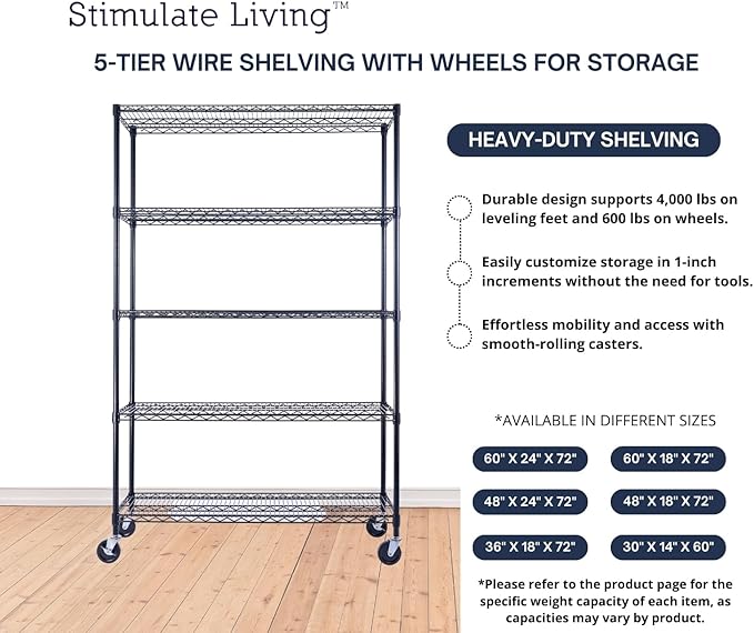 48"x18"x72" PRIME HEAVY DUTY Black 5-Tier Wire Shelving NSF 4000 LBS MAX Capacity Storage Rack for Commercial, School, Home, Garage, Warehouse, Industrial, and Hospital Uses (with Wheels)