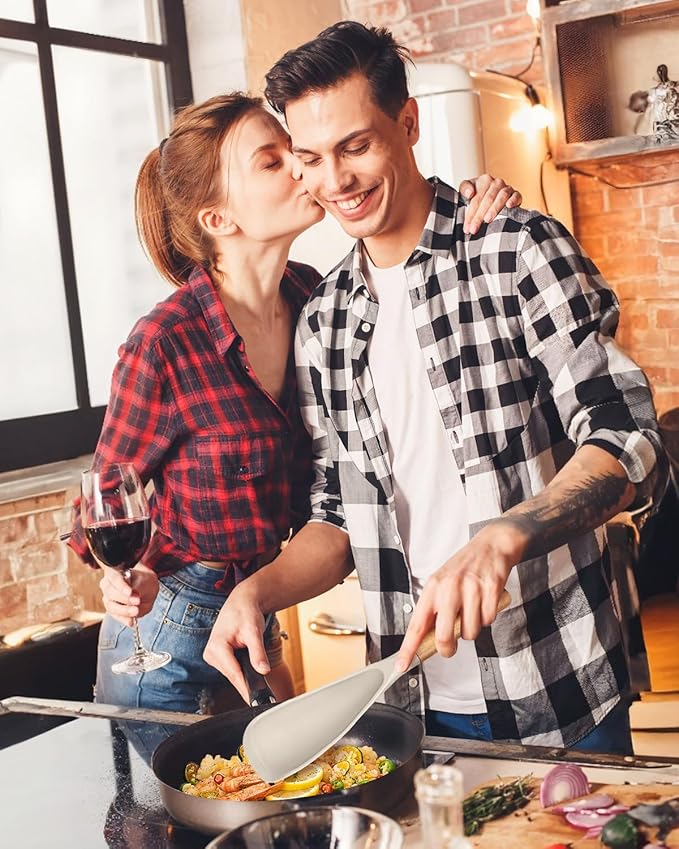 Cooking Spoon and Scraper for Nonstick Cookwares, Great for Cooking and Serving Durable BPA-Free Matte Silicone, Wood Handle Multifunction Spoon for Mixing, Scoop, and Scrape (KHAKI)