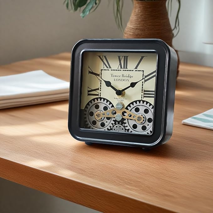 Desk Clock Vintage Metal Table Clocks with Moving Gears, Silent Retro Industrial Steampunk Quartz Small 6 inch End Table Clock for Home Office Living Room Decor Battery Operated (Black)