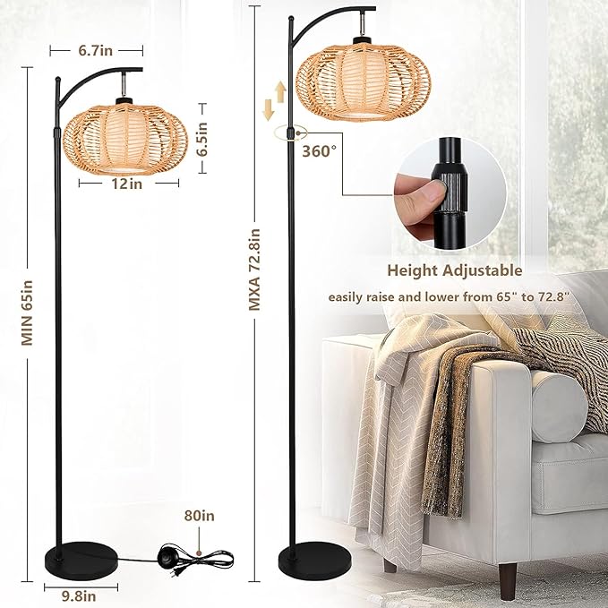 Arc Floor Lamps for Living Room Bedroom Rattan Boho Floor Lamp with Remote Control,Dimmable Led Standing Lamp Wicker Lamp Shade Rustic Tall Floor Lamp Modern Flower Lamp for Bedroom Corner