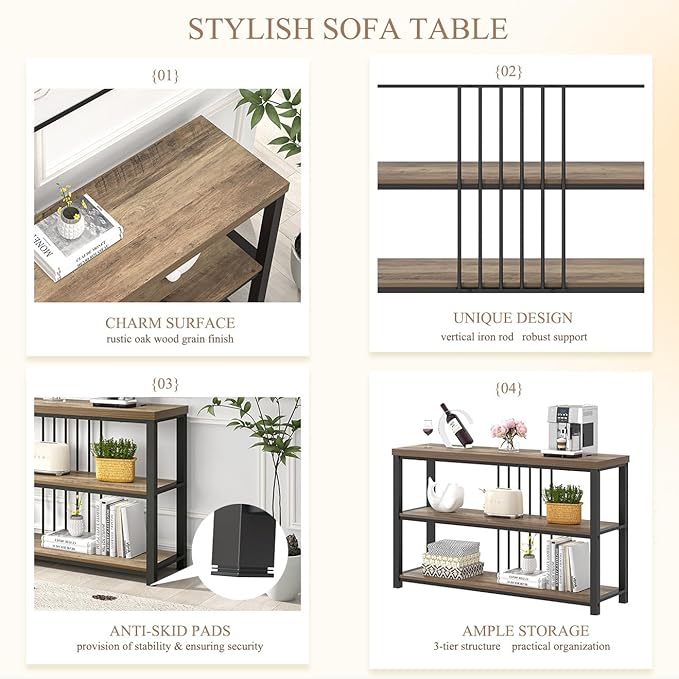 FOLUBAN Modern Sofa Table for Entryway, 3 Tier Narrow Console Table for Living Room Hallway Behind Couch, Rustic Oak