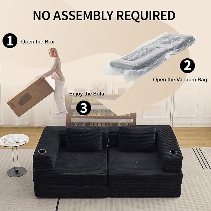 78" W Loveseat Sofa, 4 in 1 Convertible Floor Sofa Bed, Boneless Cloud Couch with Cup Holder, Fold Out Floor Couch, Loveseat Recliner Sleeper for Living Room Bedroom Lounge(Corduroy, White)