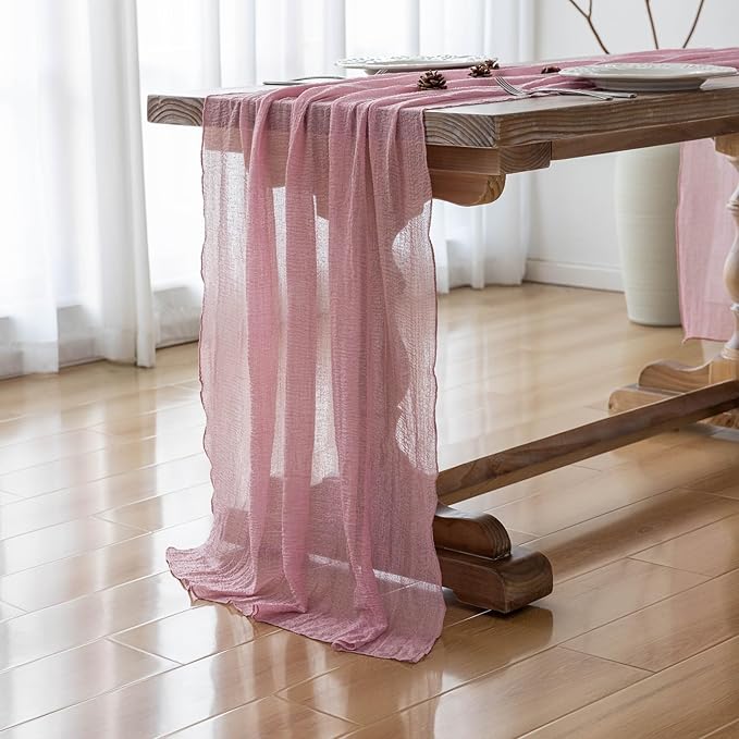 3pcs Cheesecloth Table Runner Dusty Rose Gauze 120 Inch 10 FT Rustic Boho Cheese Cloth Runner for Wedding Baby Shower Bridal Shower Party Long Sheer Centerpiece Fall Home Decoration