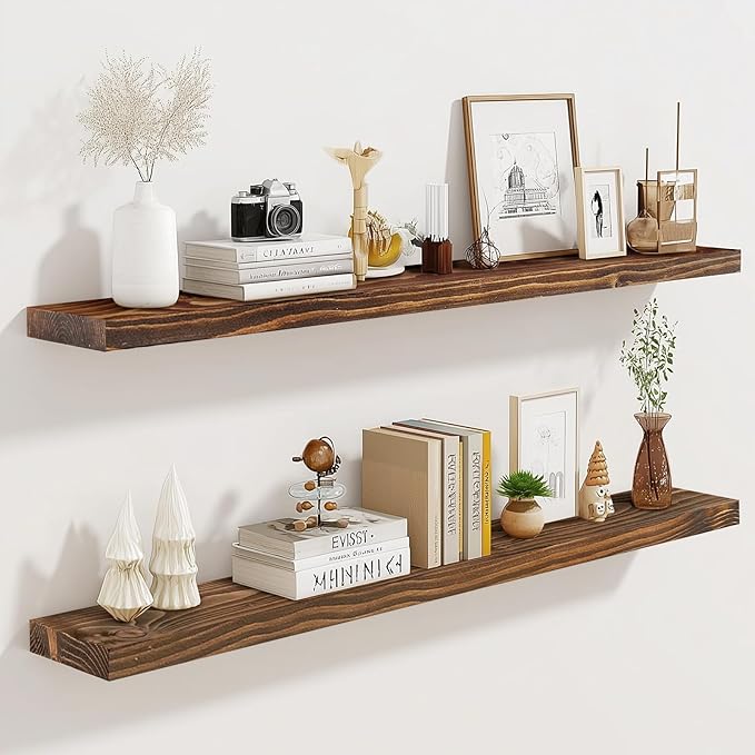 36"x6.8"x1.2" Solid Wood Floating Shelves 2-Pack - Rustic Brown Finish with Hidden Brackets, Perfect for Storage and Décor in Living Room, Kitchen, Bedroom