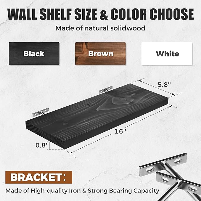 Floating Wall Shelves 4-Pack - Rustic Black 16-inch Wooden Wall Shelves for Storage and Décor, Multi-Functional and Easy to Install for Living Room, Bedroom, and Kitchen