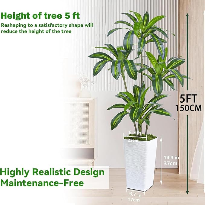 Artificial Dracaena Tree Artificial Silk Tree Faux Tree Fake Tropical Yucca Floor Plant with White Tall Planter (1, White Tall Planter, 5FT)