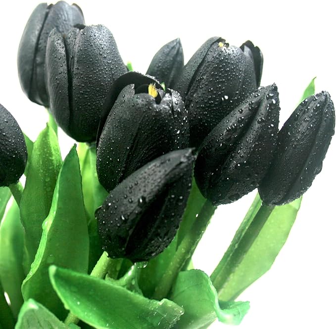15pcs Artificial Tulips Flowers, Fake Tulips Real Touch, Faux Latex Tulips Bouquets, for Party Wedding Home Room Decoration (Black)