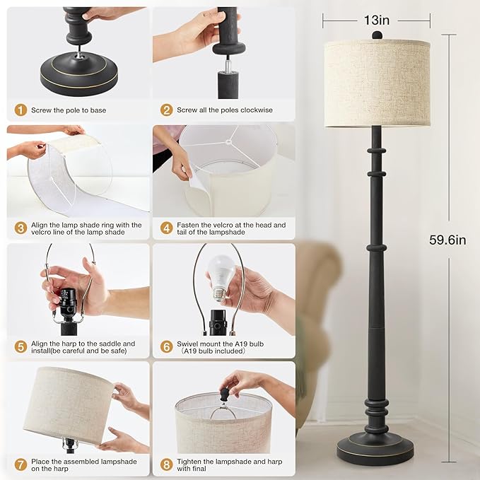 Floor Lamps for Living Room - 60" Resin Farmhouse Floor Lamp with 3 Color Temperatures - Vintage Standing Lamp Reading Light with Linen Shade Retro Tall Lamp for Bedroom Office, Black