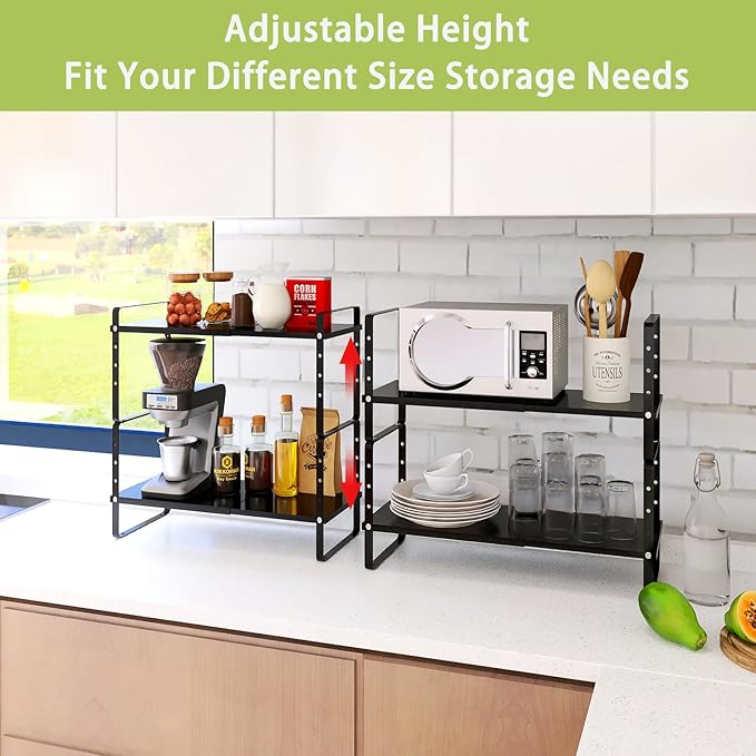 Expandable Cabinet Shelf Organizer Rack, Stackable Kitchen Counter Storage Shelves Stand, Adjustable Height Pantry Shelf Spice Rack (Black, 1 Pack)